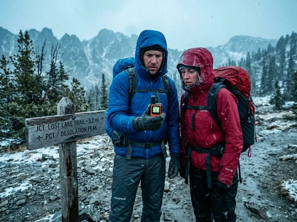 Two serious hikers checking a Garmin device at a snowy trail junction wearing Montbell and EE rain pants