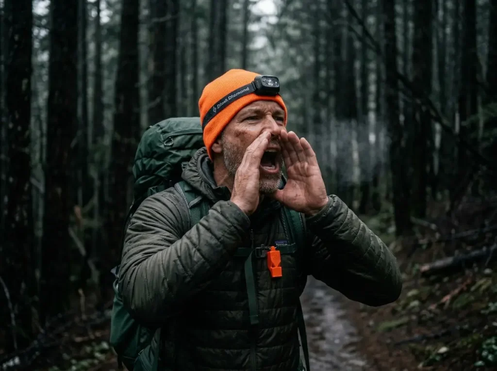 Hiker shouting alert in dense conifer forest during hunting season, Fox 40 whistle visible on sternum strap