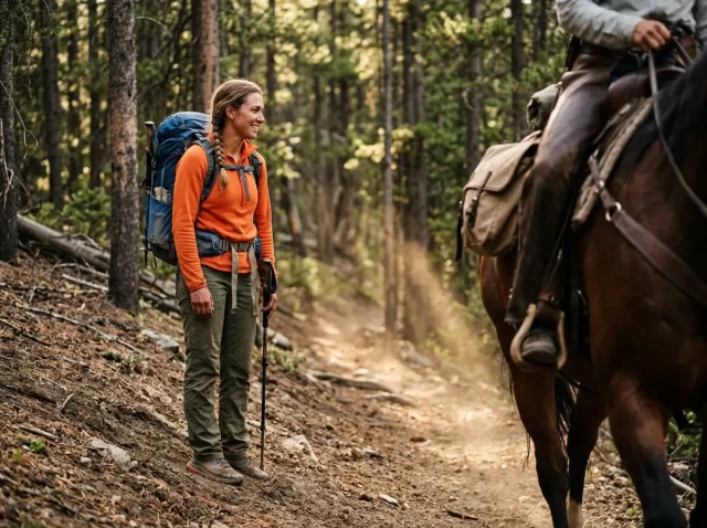 hiking-trail-etiquette-horse-yield Hiker demonstrating trail etiquette by safely stepping to the downhill side to yield to a passing pack horse on a forest trail.