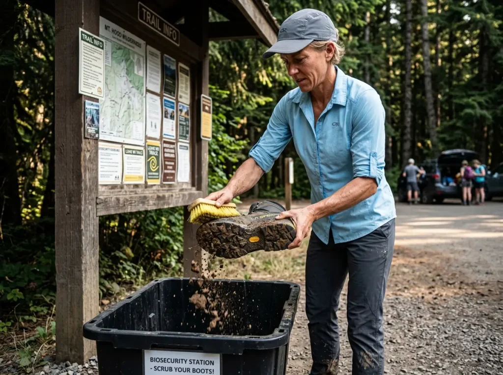 Hiker completes a 3-step boot cleaning protocol, brushing mud from La Sportiva boots into a bin.
