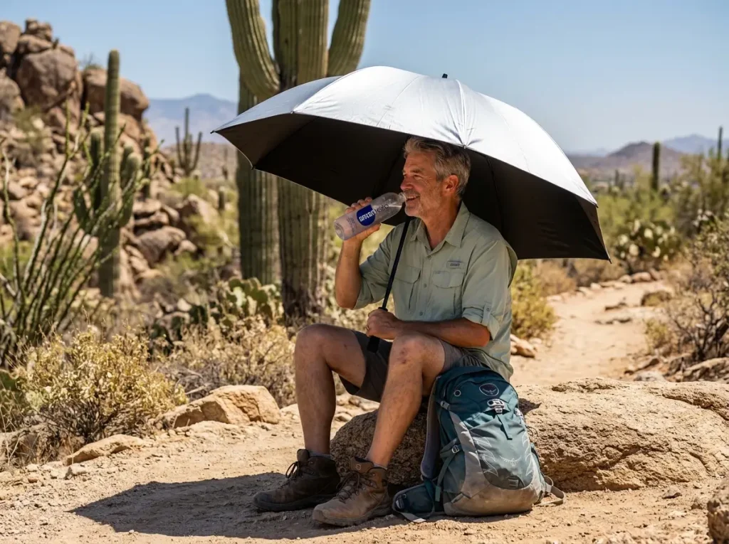 Desert hiker resting in the cool shade provided by a silver reflective umbrella