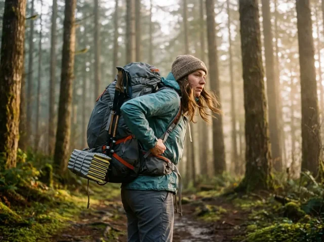 how-to-attach-gear-outside-backpack-loaded-pack Backpacker with gear lashed to the outside of a loaded Osprey pack on a forest trail