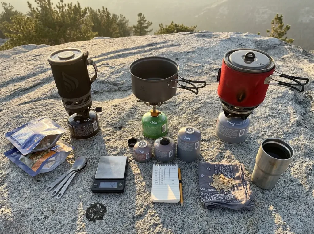 Three backpacking stove systems for two arranged on granite — integrated 1L, standalone burner with 1.5L pot, and 2.5L group system — for comparison.