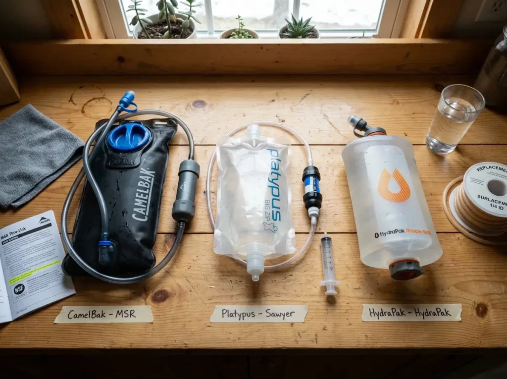 Flat lay of three hydration bladders with an inline water filter installed on each drink tube, showing bladder-brand compatibility testing.