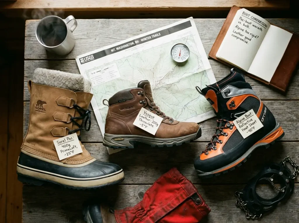 Three insulated winter hiking boots arranged on a wooden table with a digital thermometer and topographic winter trail map