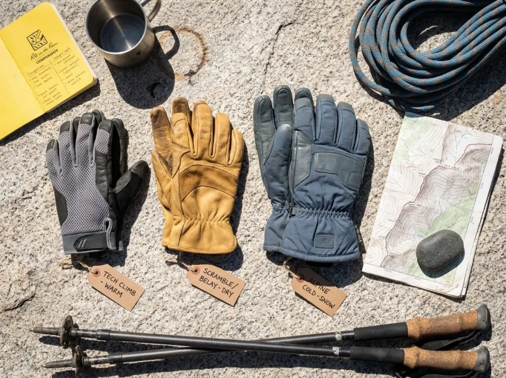Three pairs of climbing and mountaineering gloves arranged on a granite slab beside a topo map and a coil of climbing rope