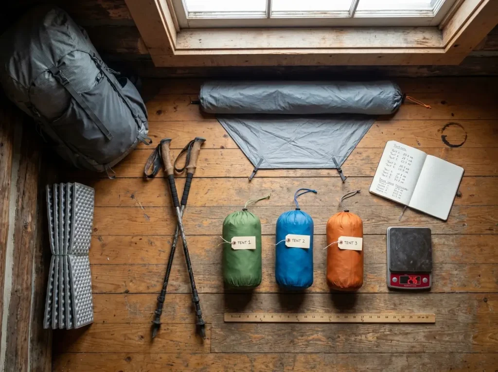 Three packed ultralight tents arranged on a wooden cabin floor with a digital scale showing weight comparison