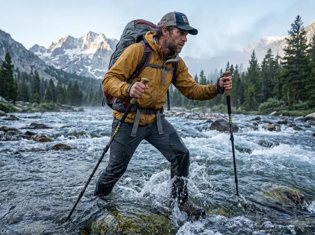 Hiker safely demonstrating how to cross a stream safely on foot using poles.