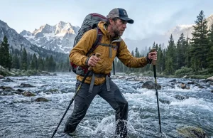 After 200 Crossings This Is What Actually Works Hiker safely demonstrating how to cross a stream safely on foot using poles.