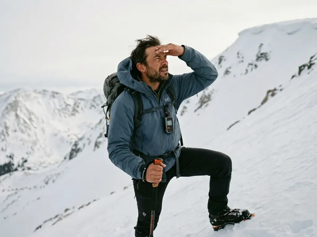 Hiker reading snow conditions on alpine slope — how to read snow for safe winter travel