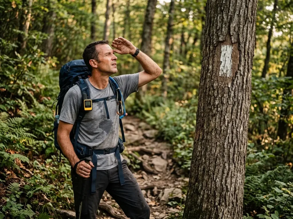 Backpacker looking up at a tree marker, demonstrating how to read trail blazes and cairns correctly on steep terrain.