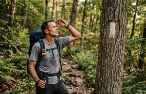 Trail Blazes and Cairns What Most Hikers Miss Backpacker looking up at a tree marker, demonstrating how to read trail blazes and cairns correctly on steep terrain.