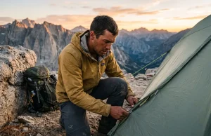 How to Repair a Tent Zipper on Trail Fast Backpacker repairing a broken tent zipper with a multi-tool on a mountain ledge during dusk.