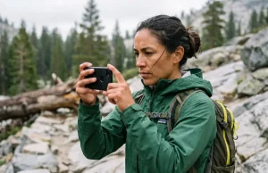 How to Report Illegal Trail Activity Safely Hiker safely documenting trail damage using a smartphone for a formal report