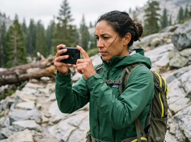 how-to-report-illegal-trail-activity Hiker safely documenting trail damage using a smartphone for a formal report