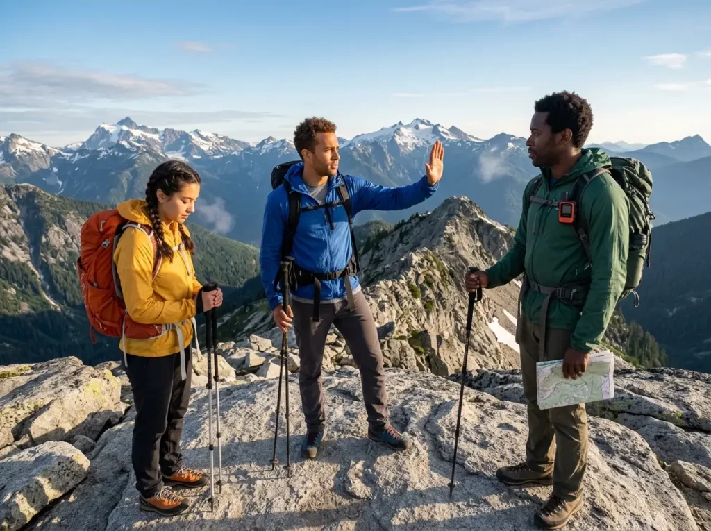 Team of three hikers executing HT-3 framework turn-back decision on alpine scramble route