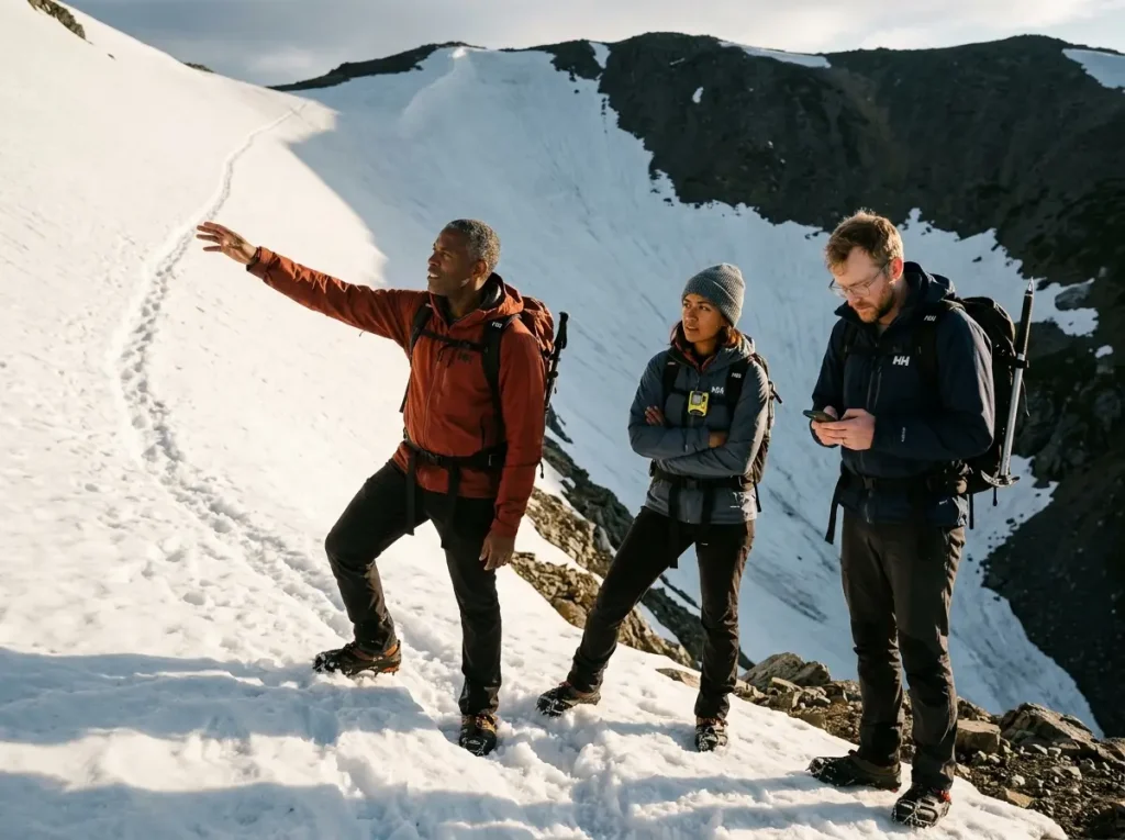 Hiking group at decision point on steep snowfield — human factor cognitive traps in backcountry safety