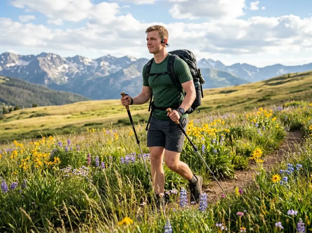 Hiker using Shokz bone conduction headphones to listen to an audiobook, applying protocol.