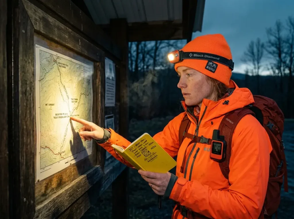 Female hiker checking trail map at pre-dawn trailhead kiosk before hunting season hike with headlamp