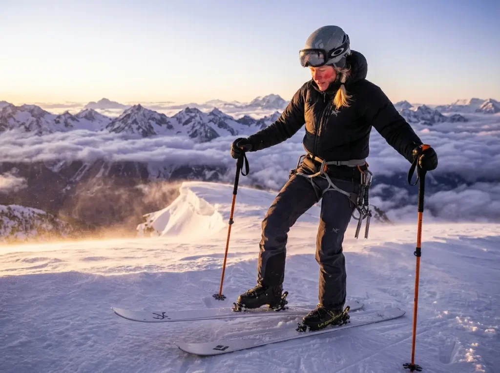 Mountaineer putting on hardshell over-pants over breathable softshell pants