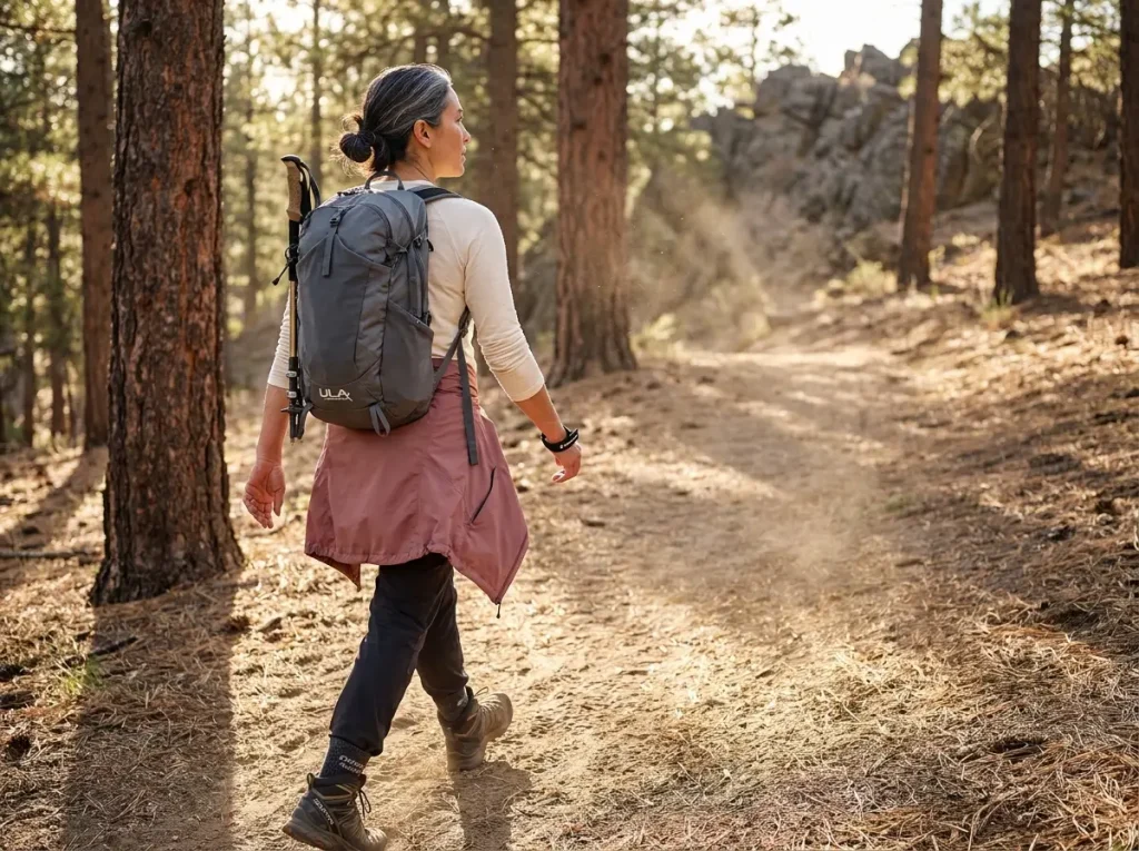 Hiker stowing one trekking pole on pack while keeping one deployed on moderate trail