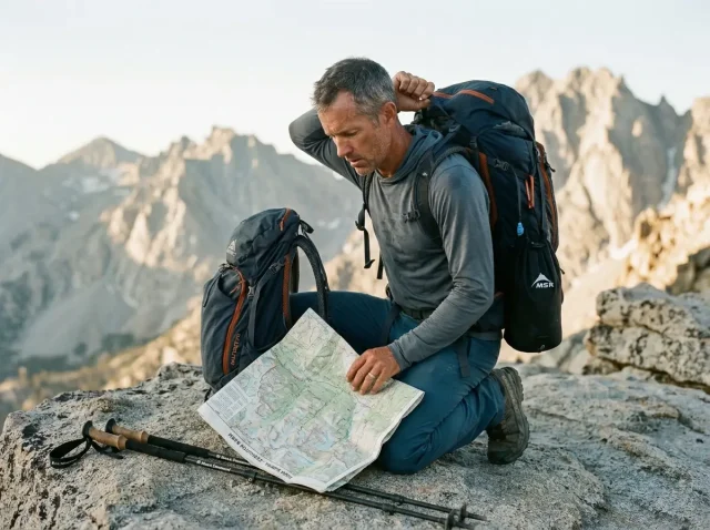 hydration-calculator-how-much-water-per-mile Hiker using hydration calculator to determine how much water per mile to pack for a high alpine ridge