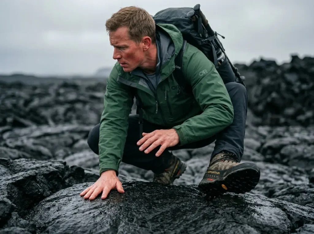 Hiker testing wet basalt friction on Icelandic volcanic terrain, pahoehoe lava surface grip assessment