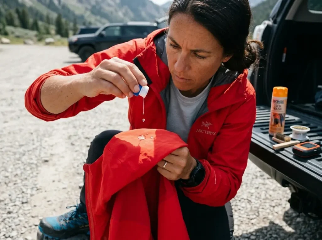 Female hiker testing jacket DWR water bead performance before Iceland hiking trip, gear science inspection