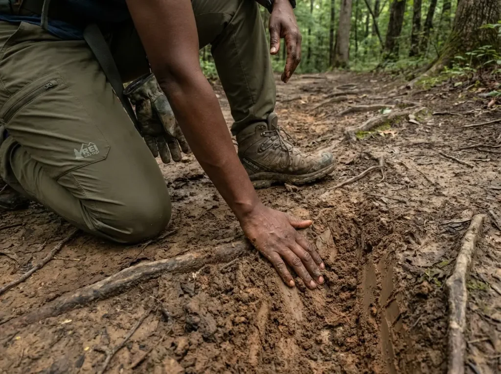 Hiker closely inspecting deep dirt bike ruts on a non-motorized trail