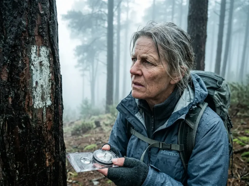 Female hiker holding a compass in dense white fog, struggling to identify a faded trail marker on a tree trunk.