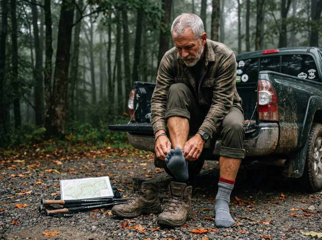 Backpacker sitting on a truck tailgate rolling an Injinji liner sock over his toes before a hike