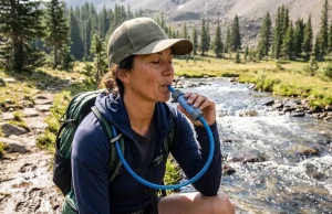 7 Best Inline Water Filters for Hydration Bladders 2026 Hiker drinking through an inline water filter installed on a hydration bladder hose at a mountain stream, trail in background.