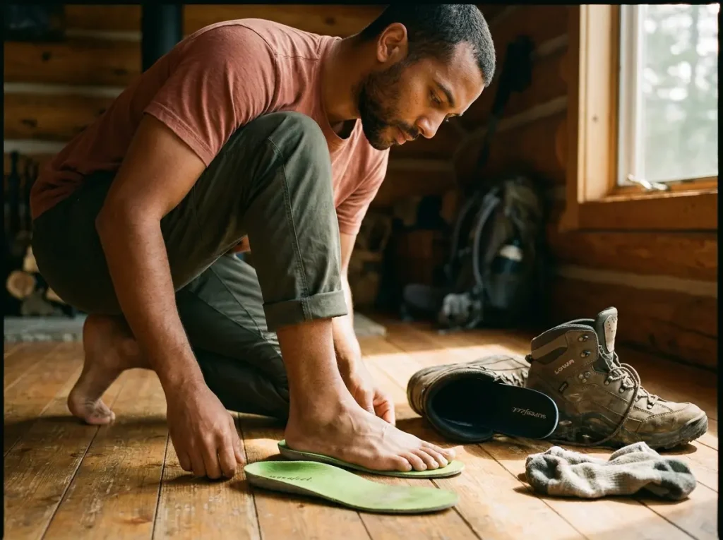 Hiker standing on pulled-out insole to check narrow foot width fit