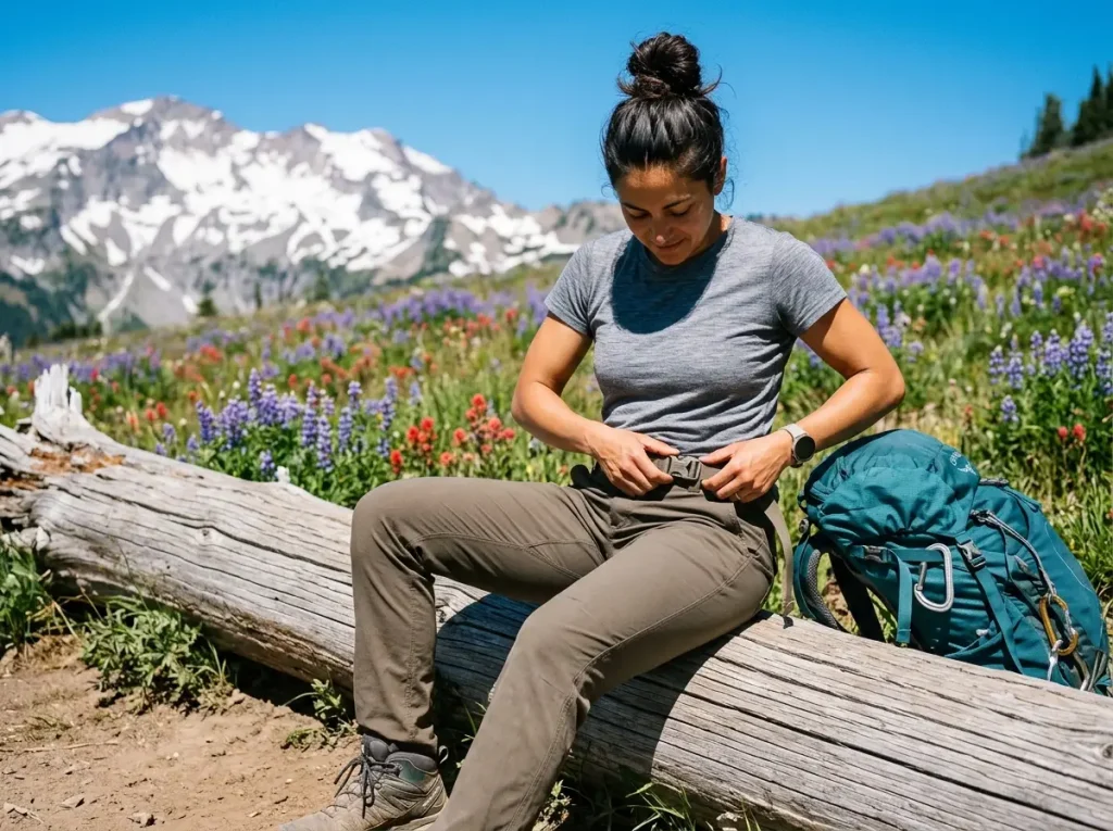 Female hiker adjusting integrated belt on technical hiking pants vs belt loops