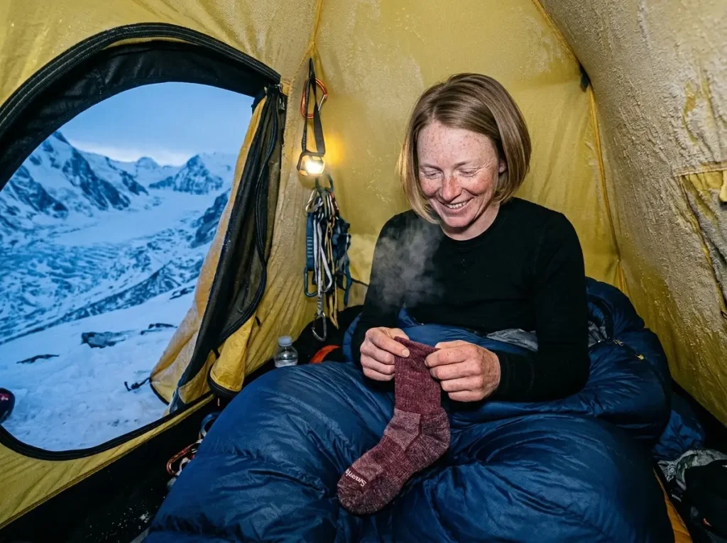 Alpinist inside a tent using metabolic heat to dry Smartwool socks against her torso over a freezing night.