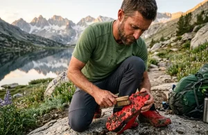 Invasive Species Hikers Spread on Boots and How to Stop It A hiker cleans mud from Salomon boots at a trailhead to prevent invasive species hikers spread on boots.
