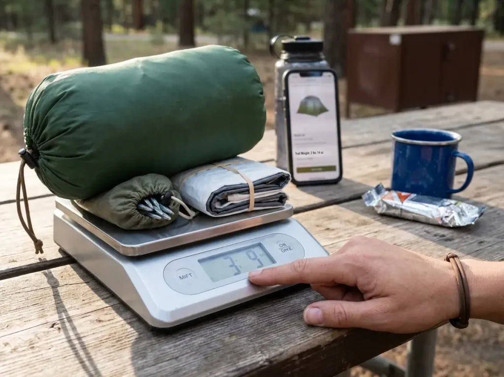 Kitchen scale showing actual packed tent weight higher than manufacturer specs