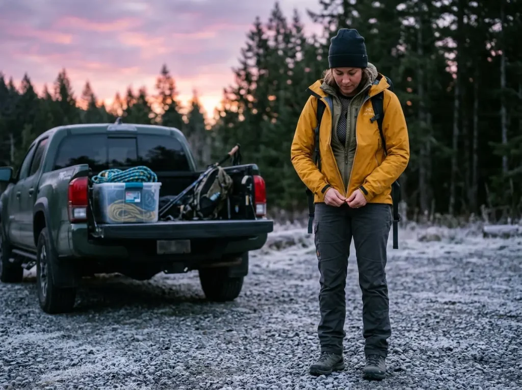 Hiker layering a hardshell over active insulation for complete cold weather protection.