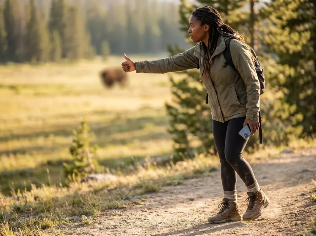Hiker practicing safe wildlife photography distance