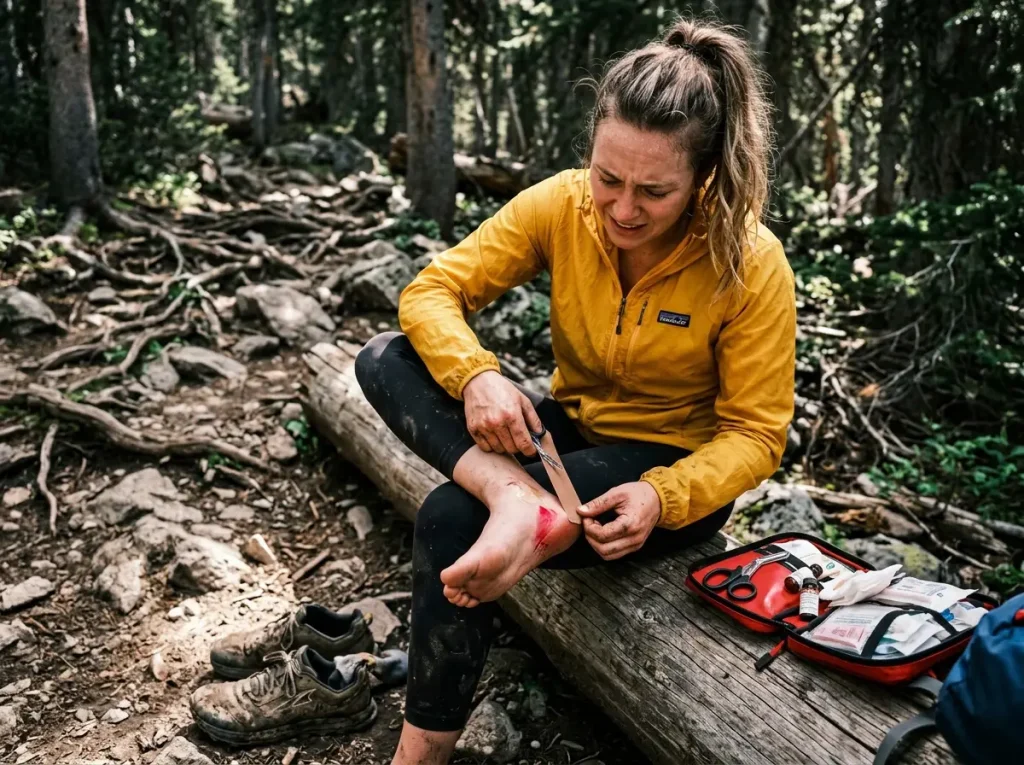 Hiker applying brown Leukotape over a severe heel friction zone using a medical kit on an alpine trail.