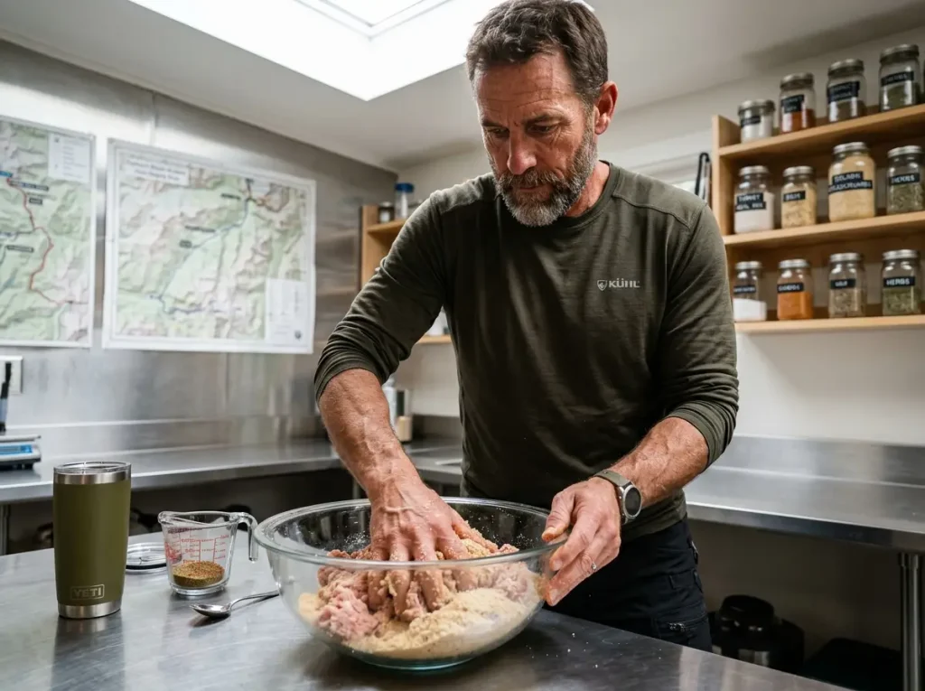 Outdoor guide mixing lean ground turkey with breadcrumbs to prevent lipid oxidation and rancidity.