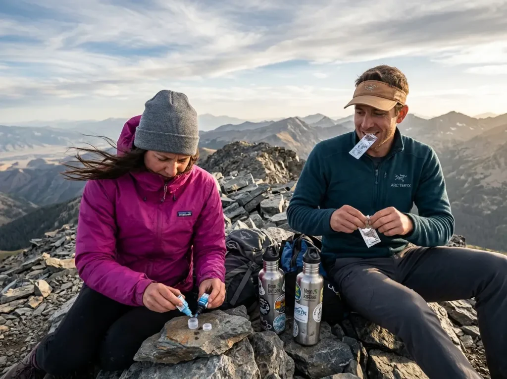 Hikers compare liquid drops against tablets in an iodine tablets vs chlorine dioxide hiking field test.