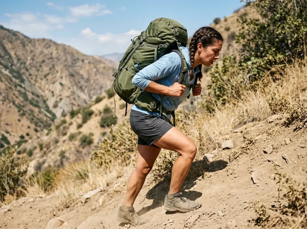 Female hiker testing load carriage biomechanics on a steep trail with a heavy backpack.