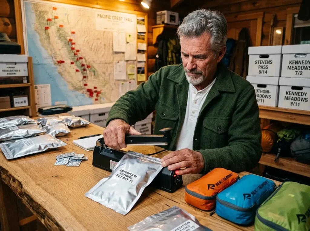 Expedition planner sealing 5-mil Mylar bags with oxygen absorbers for long-term food storage.