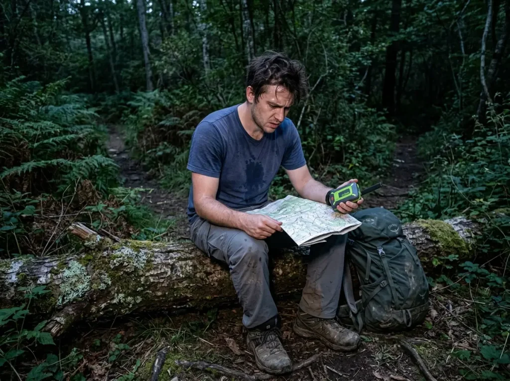 Anxious young hiker sitting on a log at a confusing junction, demonstrating the STOP protocol with map and GPS.