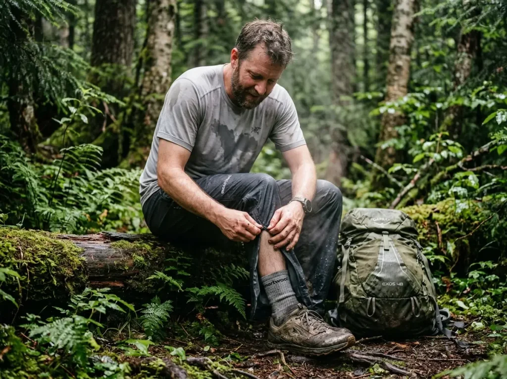 Sweaty male hiker sitting on a mossy log unzipping his Montbell Versalite rain pants to vent heat