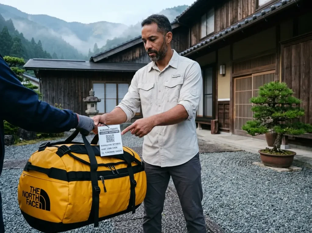 Hiker handing off an oversized The North Face duffel bag to luggage shuttle service on a misty morning