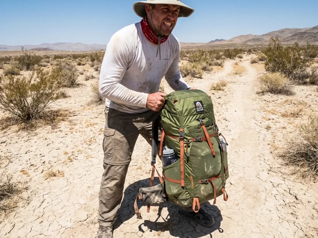 Hiker hoisting a heavily loaded Granite Gear Crown3 60 backpack during a desert water carry