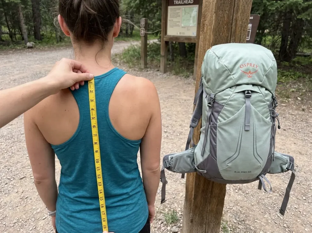 A hiker measuring torso length with a flexible tape before fitting an Osprey Eja Pro 55 pack