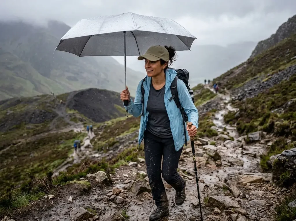 Female hiker staying comfortably dry using a Gossamer Gear trekking umbrella